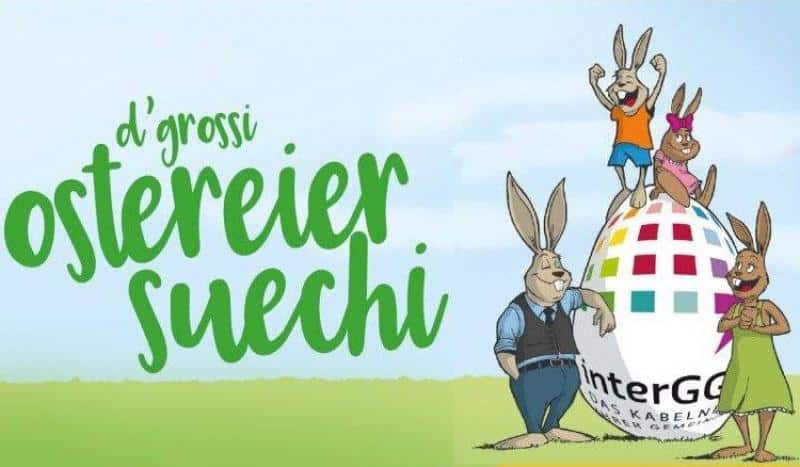 Ostereier 4 Ilustracja zająców i ogromnego pisanki na trawie z napisem "d' grossi ostereier suechi".