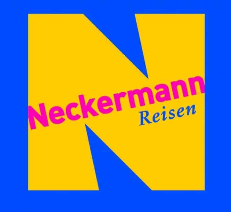 Werbefigur für Neckermann. 4 Logo Neckermann Reisen z dużą żółtą literą "N" na niebieskim tle. Na literze "N" znajduje się różowy napis "Neckermann" i niebieski napis "Reisen".