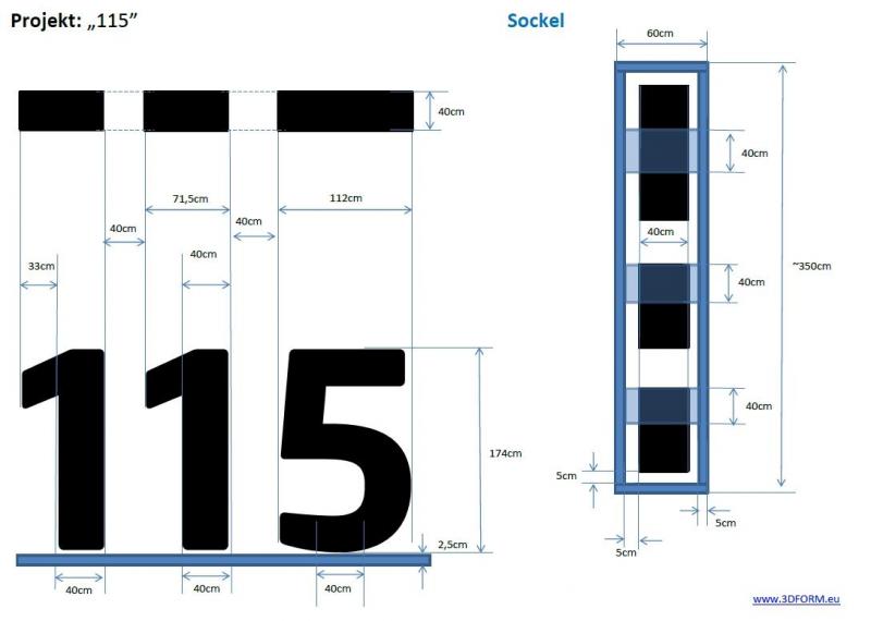 Große 3D-Zahlen 3 Projekt "115" z wymiarami liczby 115 oraz podstawy.