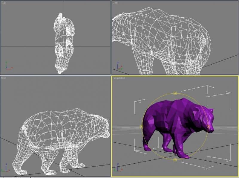 Geometrischer Low-Poly-Bär 2 Model 3D niedźwiedzia z widokiem siatki i pełnym meshem w programie do modelowania.