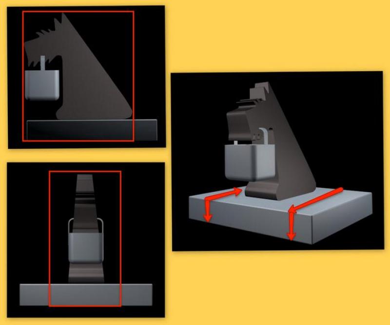 NETTO 3D-LOGO 3 Czarny pionek szachowy w kształcie głowy konia na podstawie, pokazany z przodu, z boku i pod kątem, z czerwonymi ramkami i strzałkami wskazującymi jego wymiary.