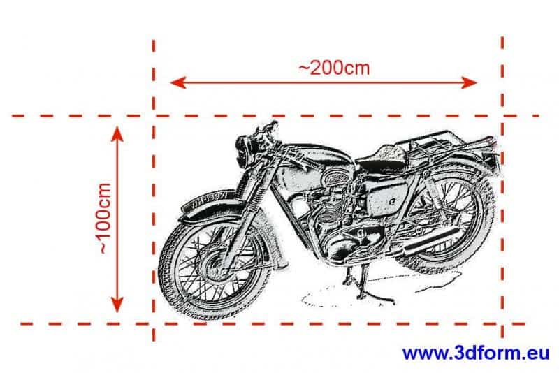 Ikonisches Motorrad - Denkmal in Żagań 3 Motocykl z zaznaczonymi wymiarami: długość ~200 cm, wysokość ~100 cm, z adresem strony www.3dform.eu.
