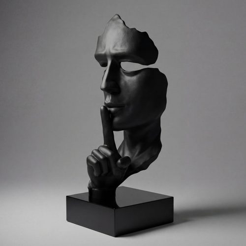 Figur Gesicht aus Fiberglas in mattschwarz, künstlerische halbe Skulptur mit Finger vor dem Mund, modern für Dekor und Events