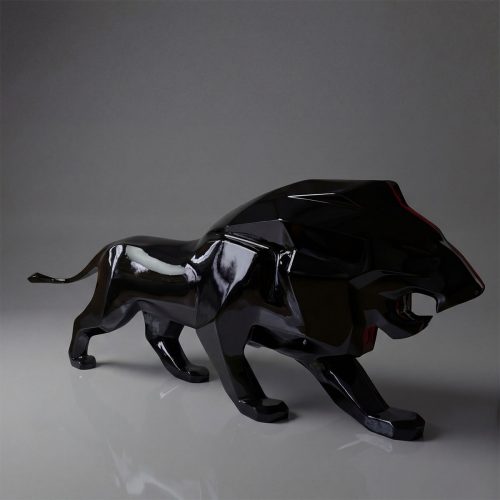 Skulptur Panther Figur aus Fiberglas, glänzend schwarz, geometrisch-kantiger Stil, geeignet für Werbung oder Innendekor