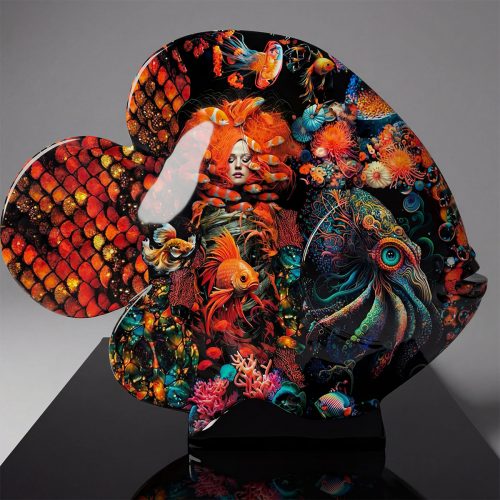 Figur Fisch aus Fiberglas mit buntem, surrealem Meeres-Motiv, leuchtende Orange-, Blau- und Grüntöne, künstlerisch dekorativ