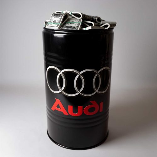 Kleines Fass mit Dollarzeichen - Bemalung + Logo