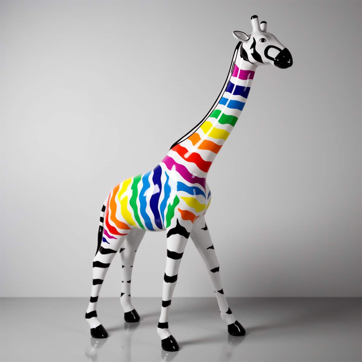 Große Figur – Giraffe in natürlicher Größe mit bunten Zebraprint-Streifen – Bild 3