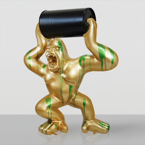 Großer Goldener Gorilla mit Fass – Grüner Müll