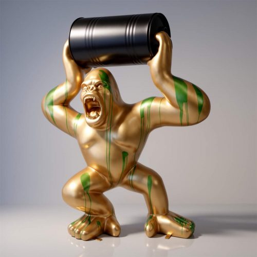 Großer Goldener Gorilla mit Fass – Grüner Müll