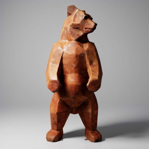 Figur Bär aus Fiberglas in braun, geometrisch-kantige Skulptur, stehende Werbe- oder Dekofigur für Events/Innendekor