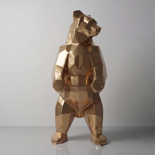 Figur Bär aus Fiberglas in goldener, polygonaler, moderner Skulpturenform für Deko oder Werbung