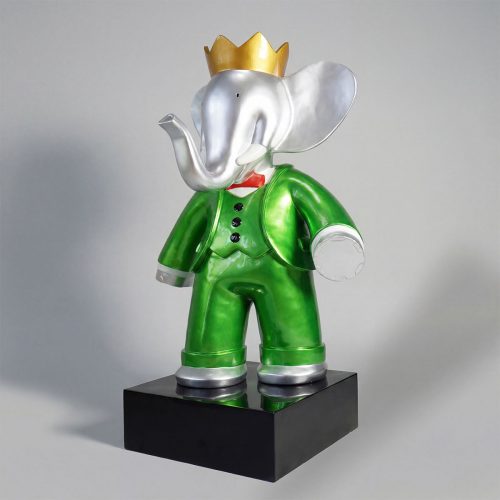 Figur Elefant aus Fiberglas in glänzendem Grün mit silbernem Kopf, goldener Krone und Anzug, dekorative Skulptur für Events oder Ladenbau