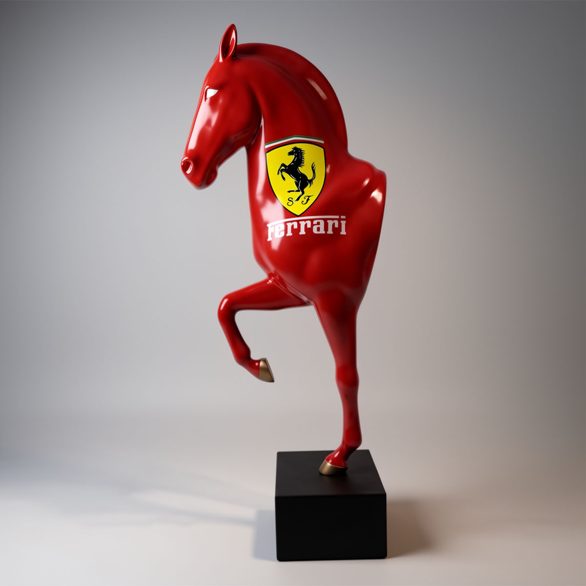 Lebensgroße Büste eines roten Ferrari-Pferdes auf einem Sockel – Bild 4