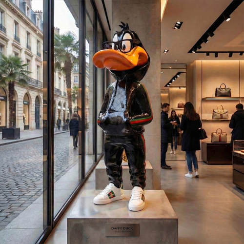 Figur Daffy Duck aus Fiberglas in glänzend schwarzem Designer-Look mit oranger Schnabel und Sneakern, werbliche Schaufensterdekoration Skulptur Ente (Daffy Duck) aus Laminat in modernem, realistischem Stil, schwarz-orange, für Laden- oder Event-Dekoration Figur Daffy Duck aus Fiberglas im modischen Streetwear-Stil mit Brille und weißen Sneakern, Schaufenster-Display