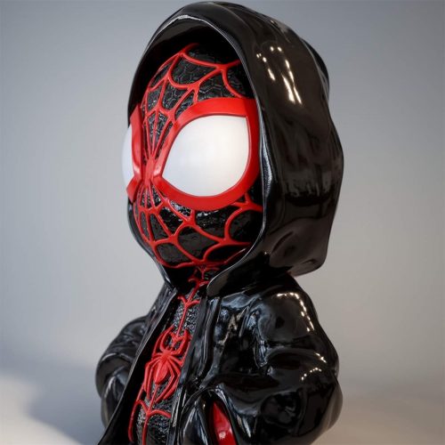 Figur Spinnenmann im Hooded-Style aus Fiberglas, glänzend schwarz-rot, moderner Pop-Art Look für Shop oder Event