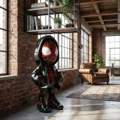 Figur Spinnenmann im Hooded-Style aus Fiberglas, glänzend schwarz-rot, moderner Pop-Art Look für Shop oder Event