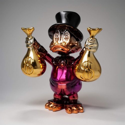 Dekorative Figur – Mini Dagobert Duck mit Geldsäcken in Chrom