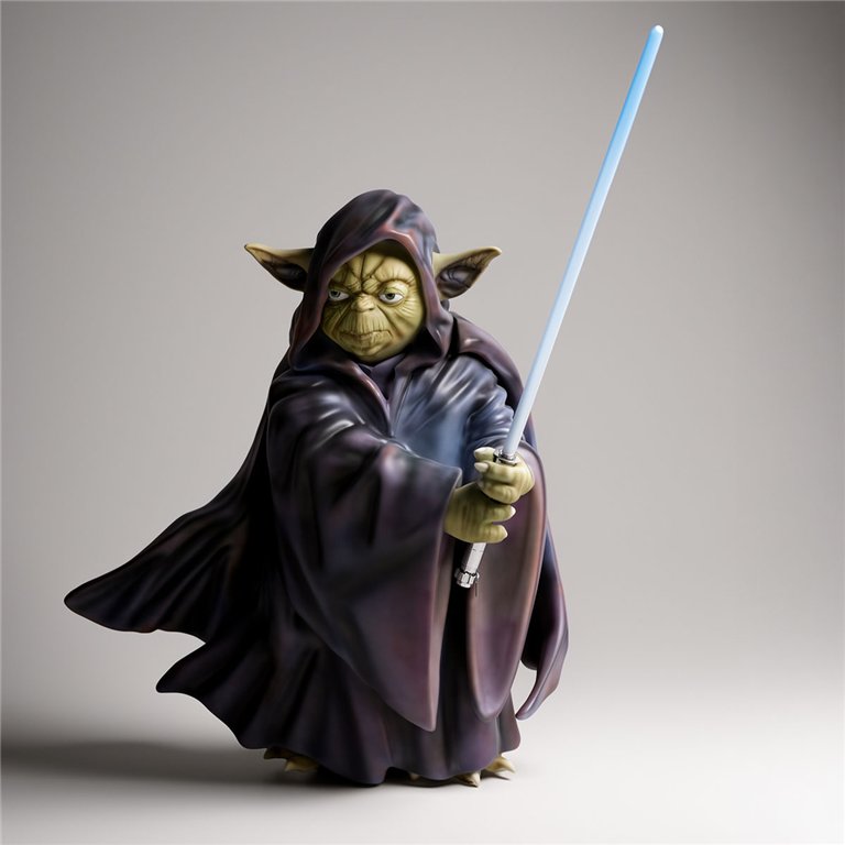Figur Yoda aus Film, Fiberglas Skulptur, realistisch grüne Haut, braune Robe, blauer Lichtschwert für Werbung oder Deko