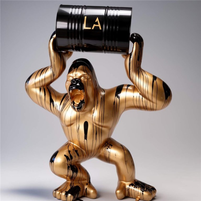 Großer Gorilla mit einem Fass in Schwarzem Trash-Stil.
