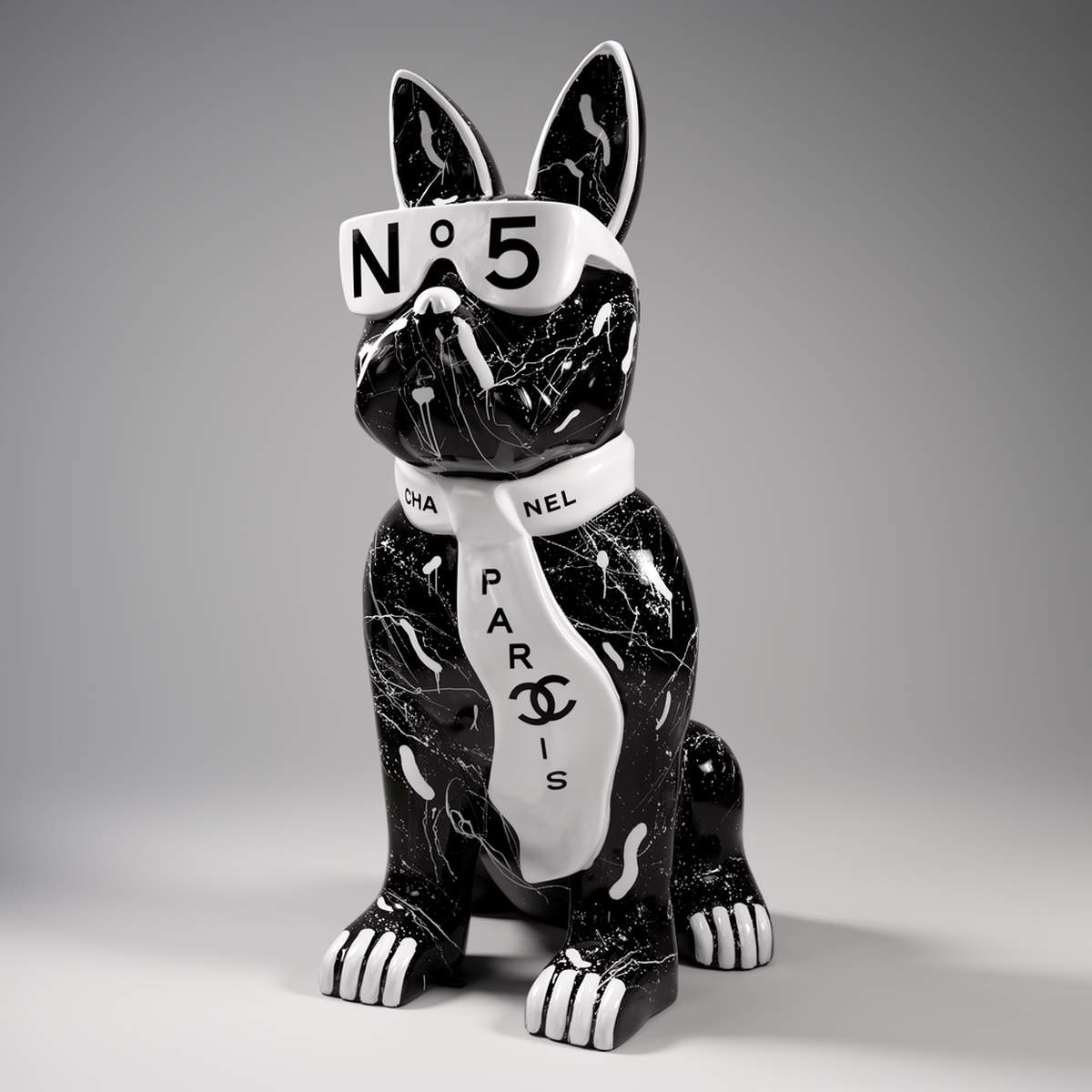 Große Dekorative Bulldogge Mit Krawatte Und Brille No.5 Schwarz Figur