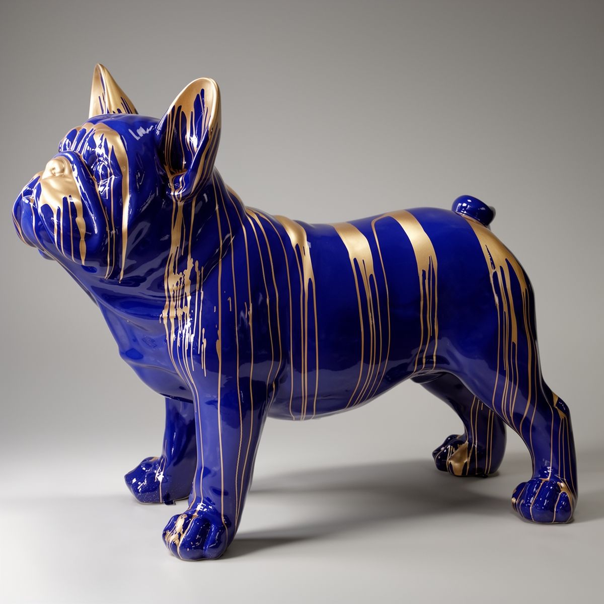 Große Dekorative Französische Bulldogge Juki Blau Gold Trash Figur