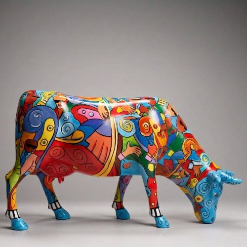Artystyczna Figura Krowy Pasącej Się - Czerwony Ornament
