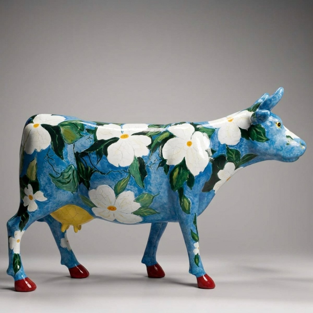 Artystycznie Malowana Figura Krowy - Białe Kwiaty