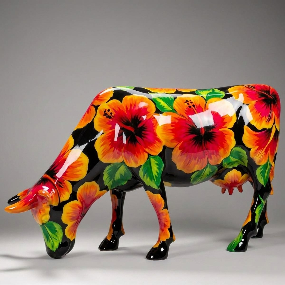 Artystycznie Malowana Figura Krowy Pasącej Się - Hibiskus